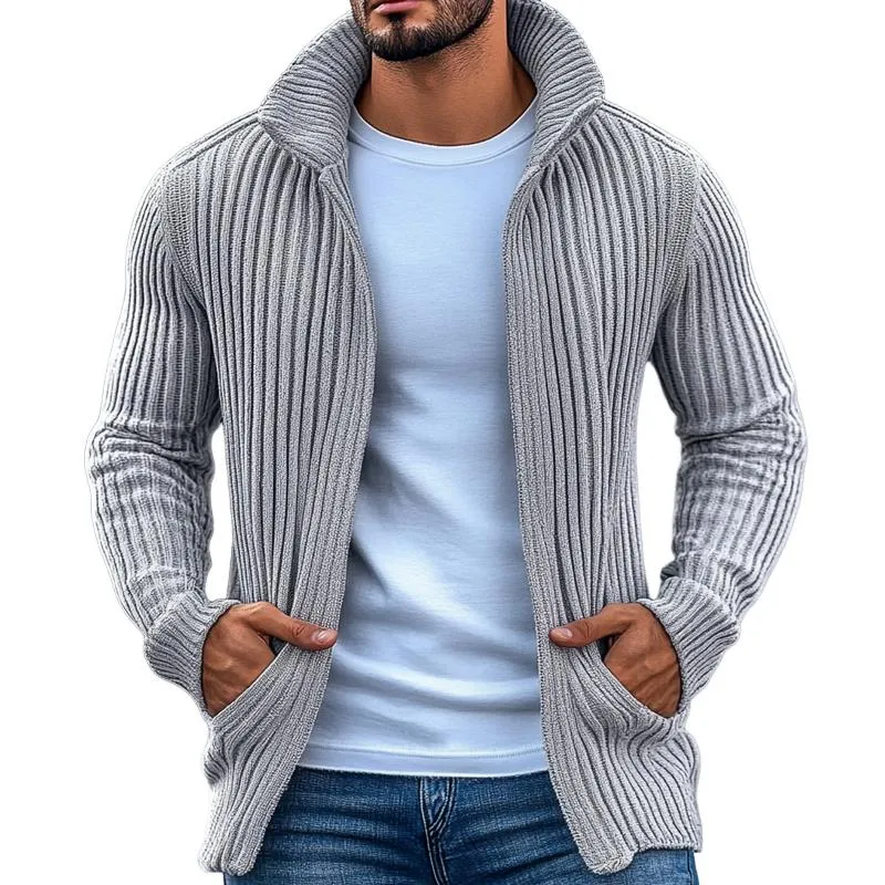 Men's Fashion Stand Collar Solid Striped Long Sleeve Knit Cardigan 40403507Z sold by Manly
