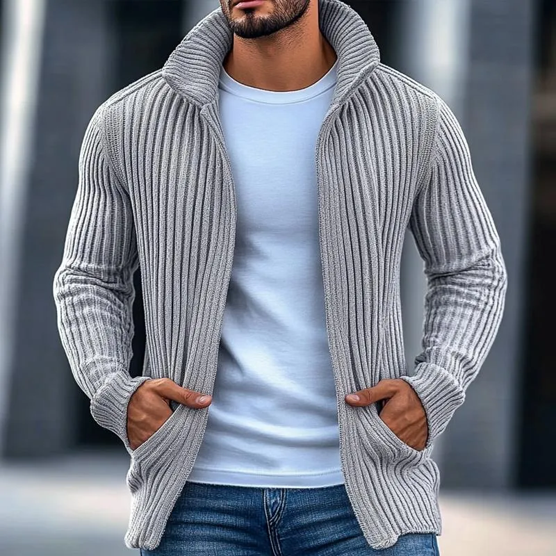 Men's Fashion Stand Collar Solid Striped Long Sleeve Knit Cardigan 40403507Z sold by Manly product image thumbnail 2