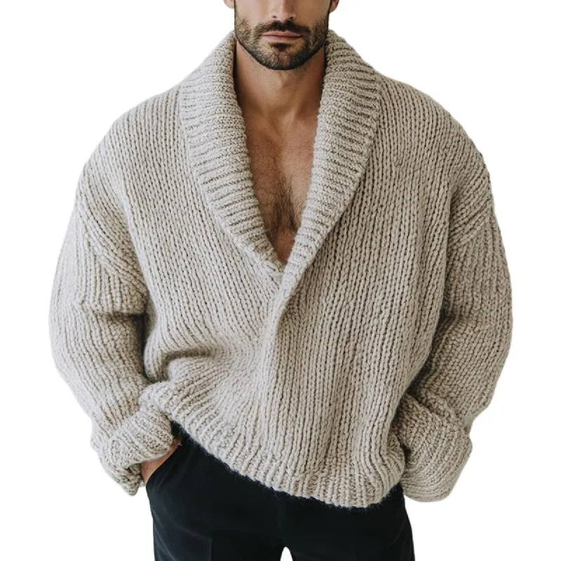 Men's Fashion Oversize Style Solid Color Lapel Long Sleeve Casual Knit Sweater 16200506Z sold by Manly