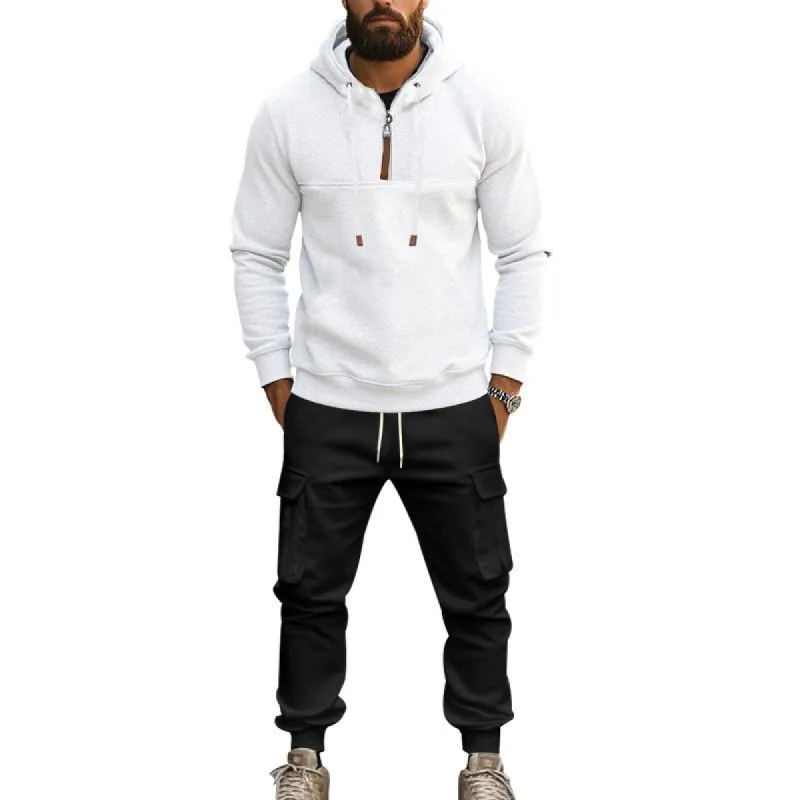 Men's Solid Zipper Collar Long Sleeve Hoodie Multi-pocket Trousers Casual Set 96921494Z sold by Manly
