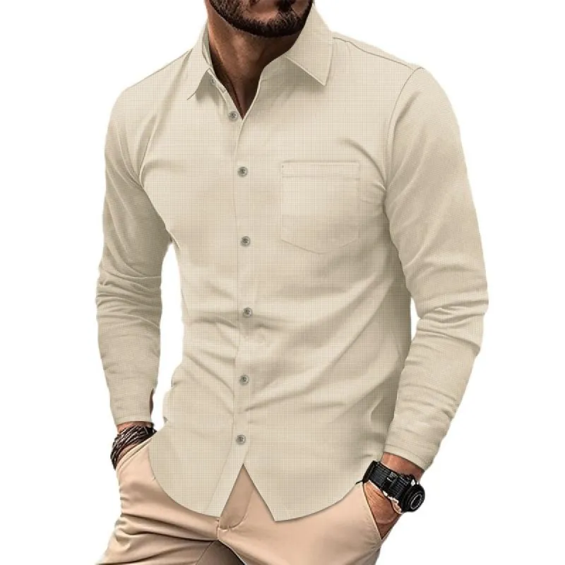 Men's Solid Color Waffle Lapel Long Sleeve Casual Shirt 01496212Z sold by Manly