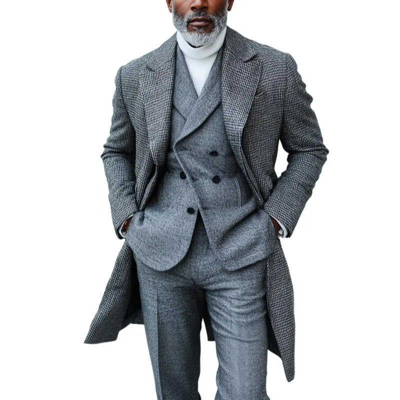 Men's Retro Woolen Plaid Print Lapel Single Breasted Mid-Length Coat 48560395Y sold by Manly