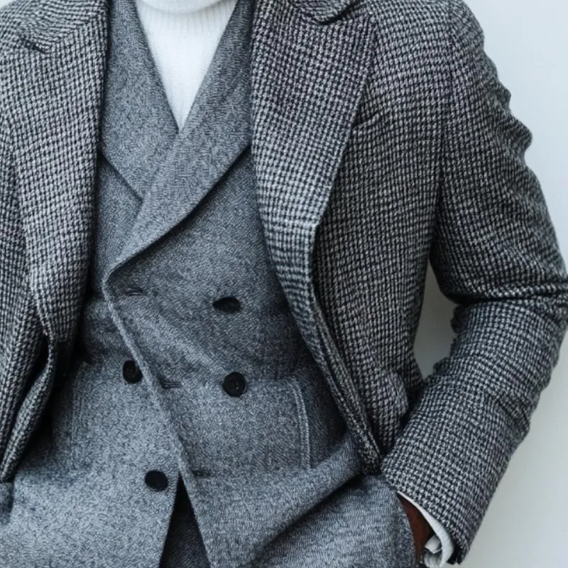 Men's Retro Woolen Plaid Print Lapel Single Breasted Mid-Length Coat 48560395Y sold by Manly product image thumbnail 4