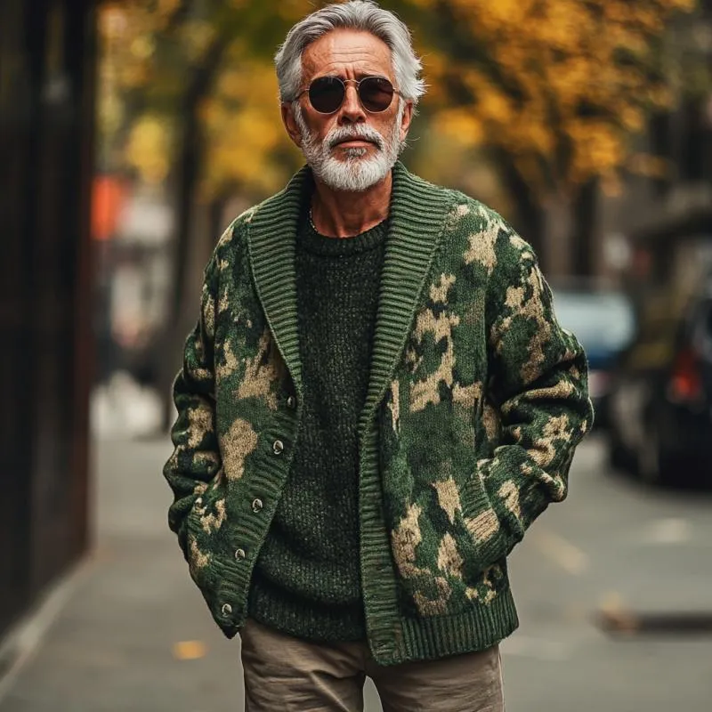 Men's Vintage Camouflage Jacquard Lapel Single Breasted Knit Cardigan 85953498Y sold by Manly product image thumbnail 2