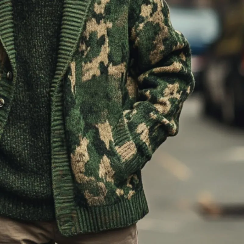 Men's Vintage Camouflage Jacquard Lapel Single Breasted Knit Cardigan 85953498Y sold by Manly product image thumbnail 3