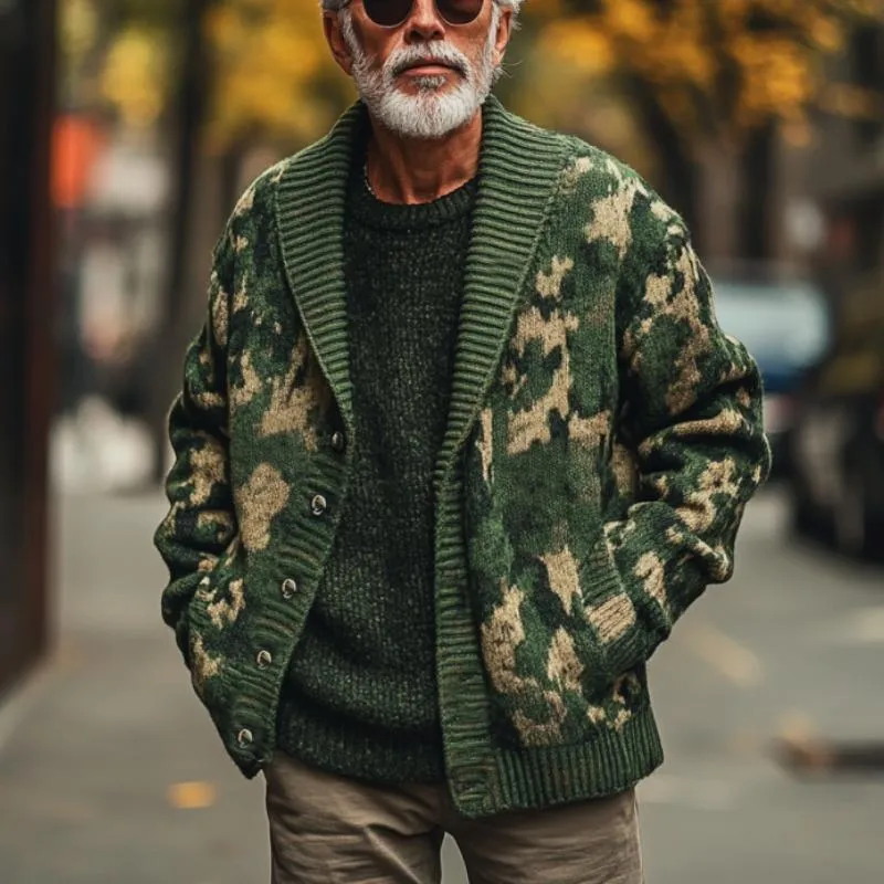Men's Vintage Camouflage Jacquard Lapel Single Breasted Knit Cardigan 85953498Y sold by Manly product image thumbnail 4