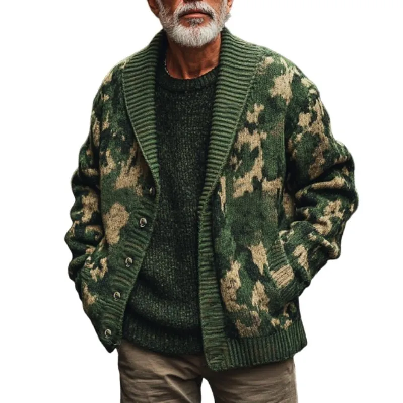 Men's Vintage Camouflage Jacquard Lapel Single Breasted Knit Cardigan 85953498Y sold by Manly