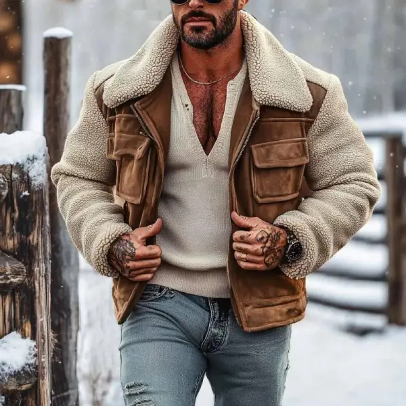 Men's Vintage Suede Stitching Lambswool Lapel Jacket Coat 32133200Y sold by Manly product image thumbnail 3