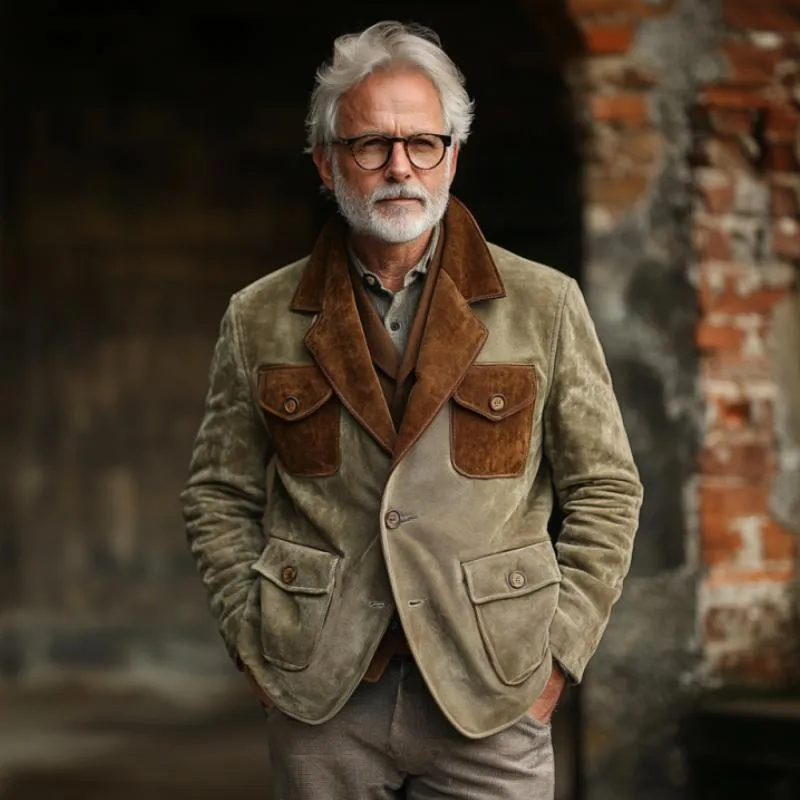 Men's Vintage Suede Colorblock Multi-Pocket Single Breasted Blazer 26643849Y sold by Manly product image thumbnail 3