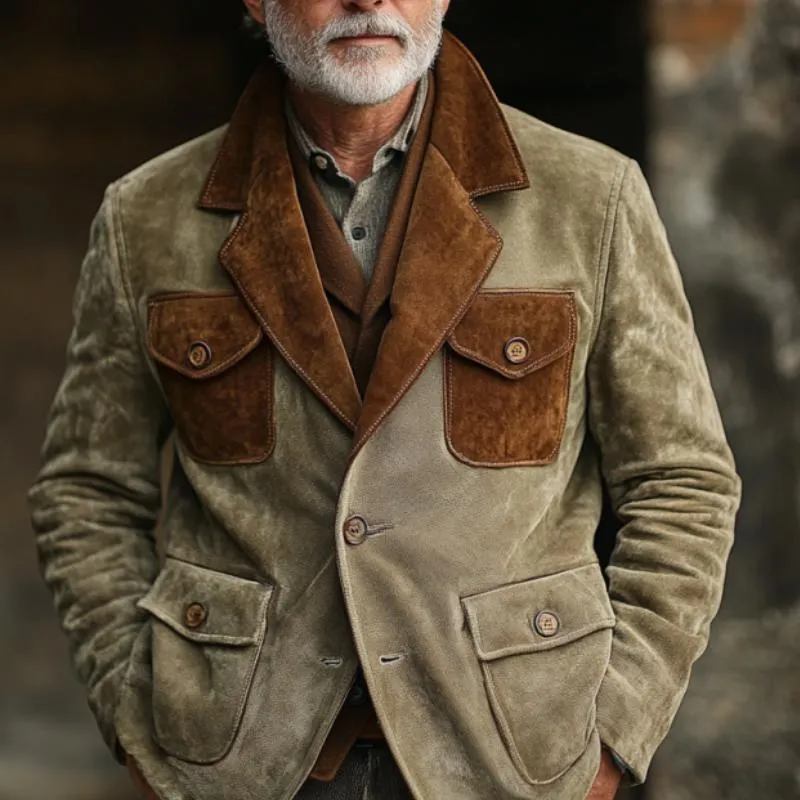 Men's Vintage Suede Colorblock Multi-Pocket Single Breasted Blazer 26643849Y sold by Manly product image thumbnail 2