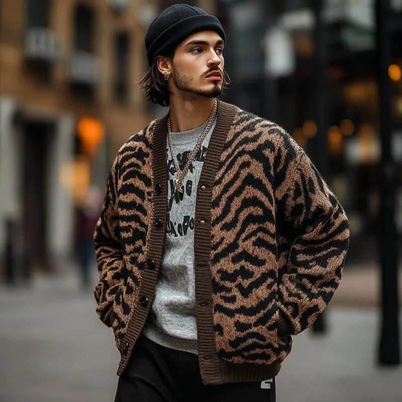 Men's Vintage Zebra Jacquard Collarless Knit Cardigan 95894737Y sold by Manly product image thumbnail 3