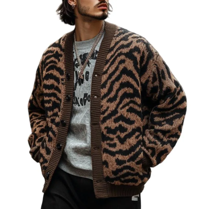 Men's Vintage Zebra Jacquard Collarless Knit Cardigan 95894737Y sold by Manly