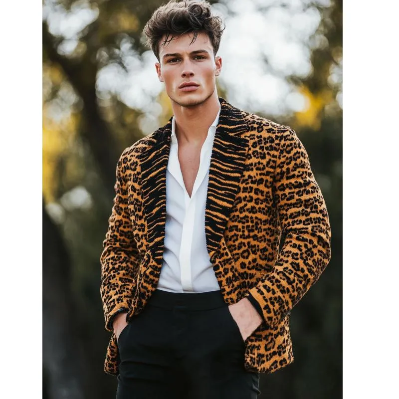 Men's Vintage Leopard Jacquard Splicing Lapel Knit Cardigan 89863115Y sold by Manly product image thumbnail 3
