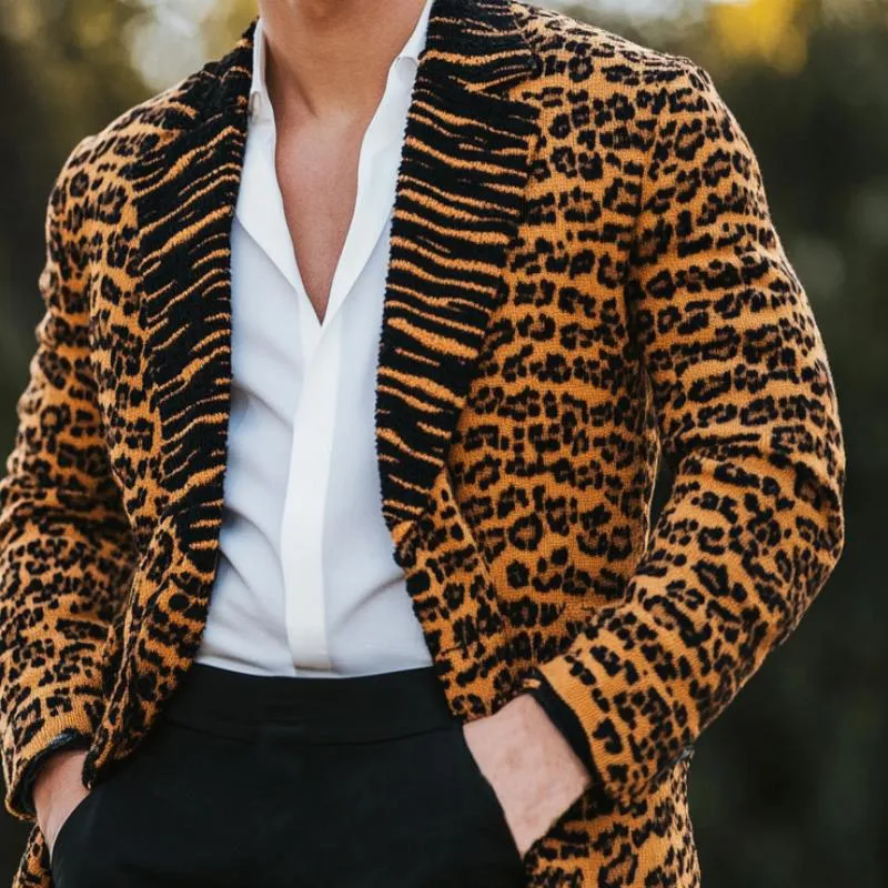 Men's Vintage Leopard Jacquard Splicing Lapel Knit Cardigan 89863115Y sold by Manly product image thumbnail 2