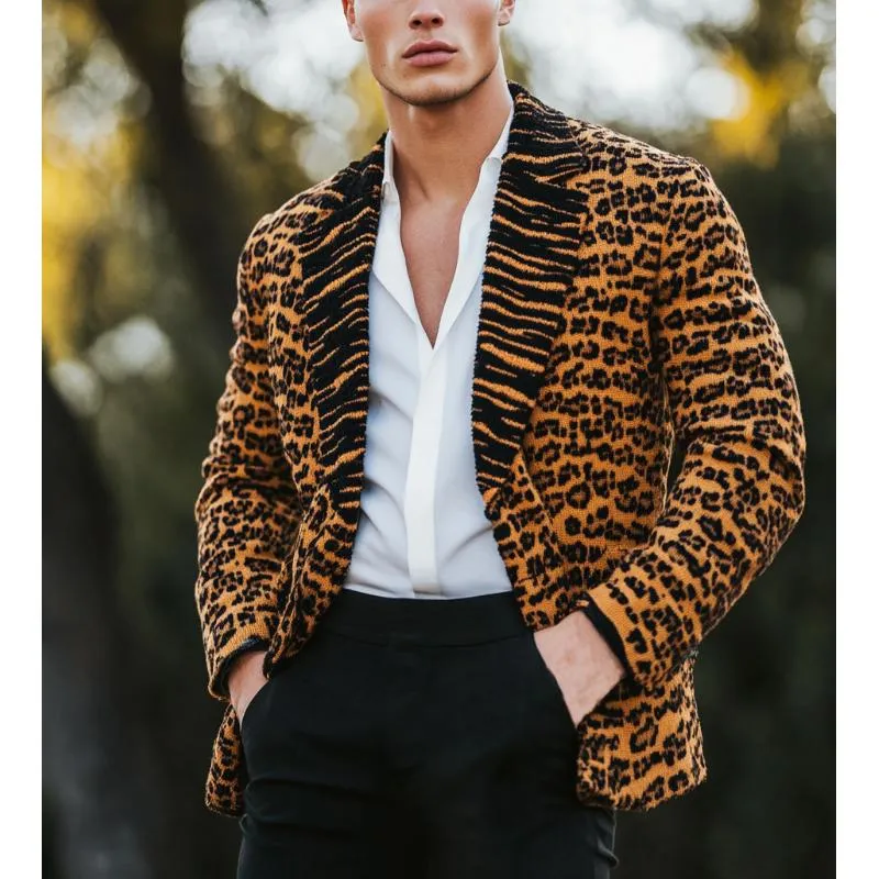 Men's Vintage Leopard Jacquard Splicing Lapel Knit Cardigan 89863115Y sold by Manly product image thumbnail 4