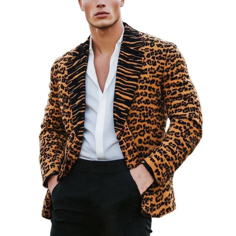 Men's Vintage Leopard Jacquard Splicing Lapel Knit Cardigan 89863115Y sold by Manly