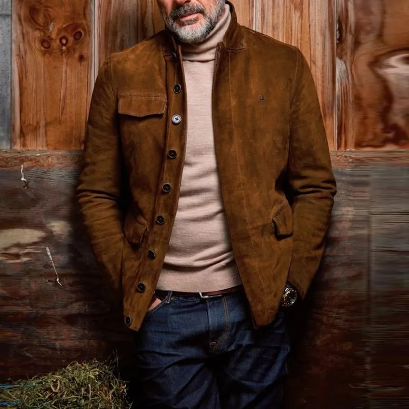 Men's Vintage Stand Collar Suede Single Breasted Slim Fit Blazer 92112374M sold by Manly product image thumbnail 3