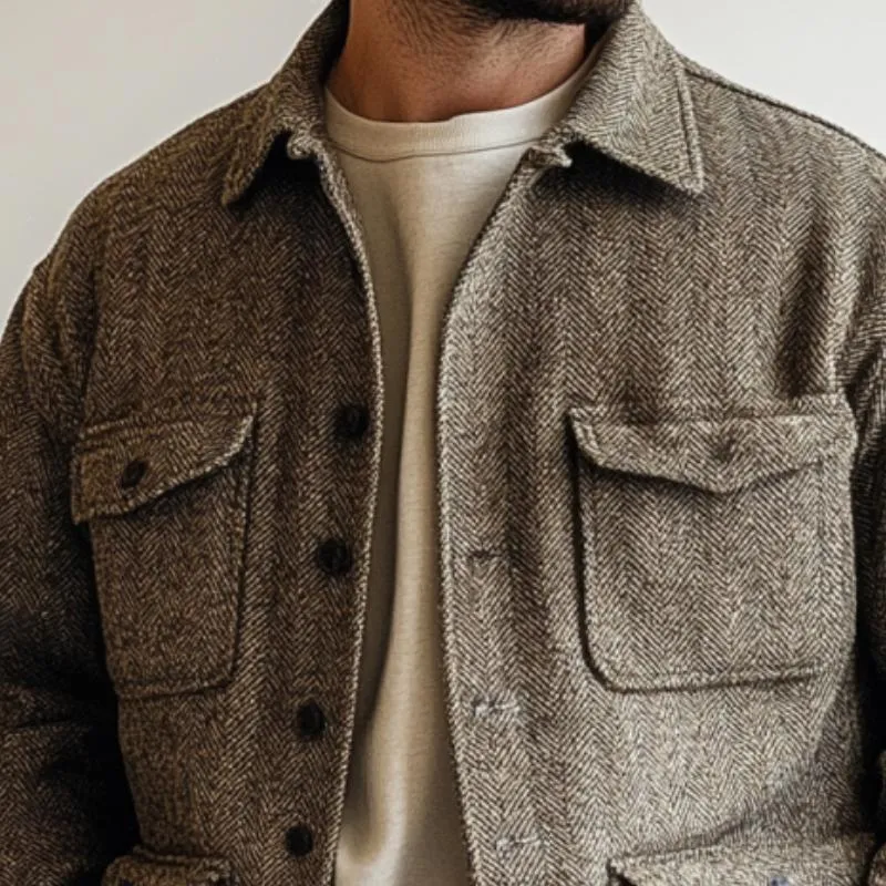 Men's Vintage Herringbone Lapel Multi-Pocket Loose Long Sleeve Overshirt 18049780M sold by Manly product image thumbnail 3