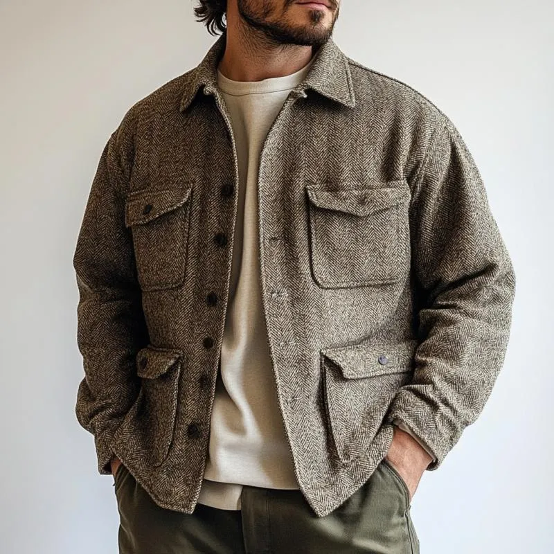 Men's Vintage Herringbone Lapel Multi-Pocket Loose Long Sleeve Overshirt 18049780M sold by Manly product image thumbnail 2