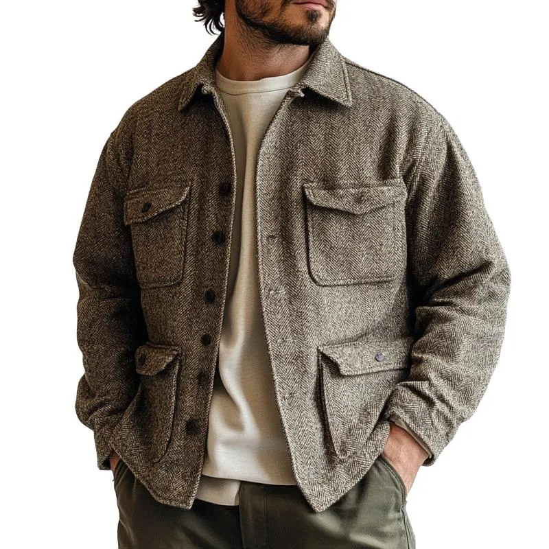 Men's Vintage Herringbone Lapel Multi-Pocket Loose Long Sleeve Overshirt 18049780M sold by Manly