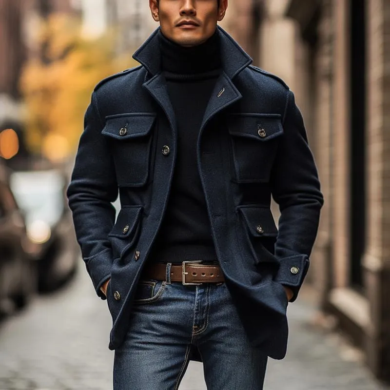 Men's Vintage Wool Blended Lapel 3D Pocket Single Breasted Slim Fit Coat 99679774M sold by Manly product image thumbnail 2