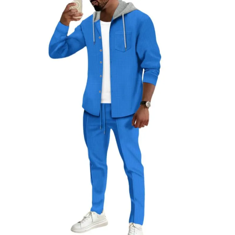 Men's Casual Waffle Colorblock Hooded Long-sleeved Cardigan Sports Pants Set 54012728M sold by Manly