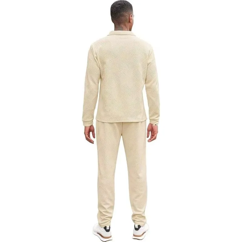 Men's Casual Jacquard Zipper Lapel Long Sleeve Polo Shirt Sports Pants Set 22827630M sold by Manly product image thumbnail 5