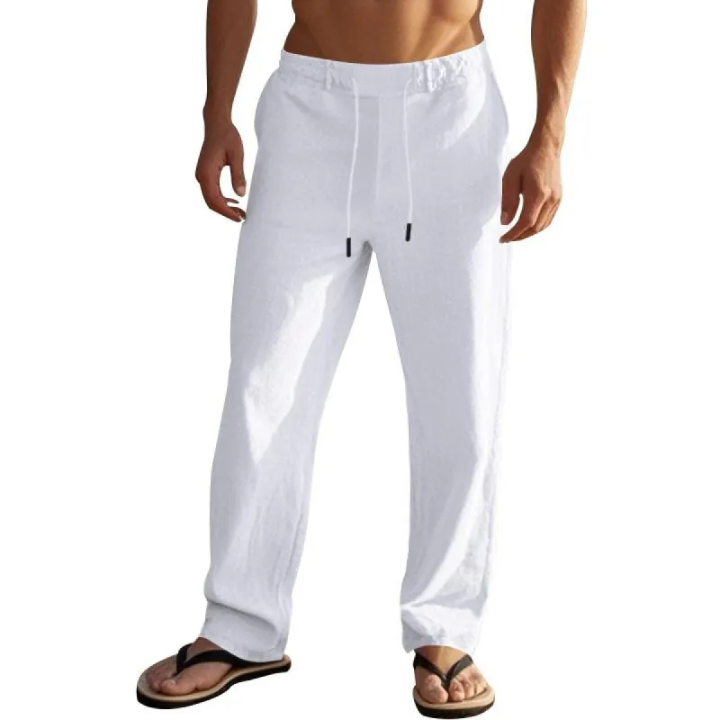 Men's Solid Cotton And Linen Loose Straight Elastic Waist Casual Pants 14285248Z sold by Manly