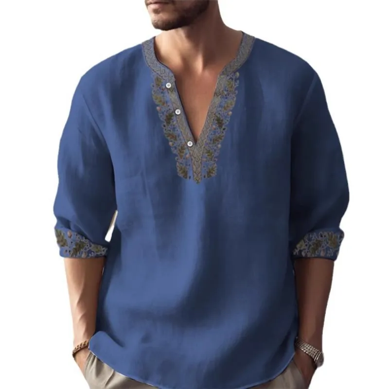 Men's Print Linen V Neck Long Sleeve Shirt 56578095Z sold by Manly