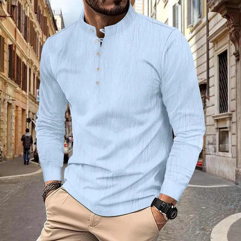 Men's Solid Cotton And Linen Henley Collar Long Sleeve Casual Shirt 47763988Z sold by Manly product image thumbnail 3