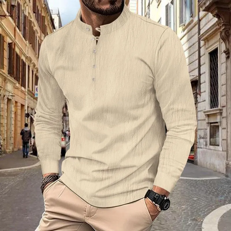 Men's Solid Cotton And Linen Henley Collar Long Sleeve Casual Shirt 47763988Z sold by Manly product image thumbnail 2