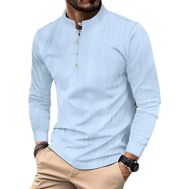 Men's Solid Cotton And Linen Henley Collar Long Sleeve Casual Shirt 47763988Z sold by Manly