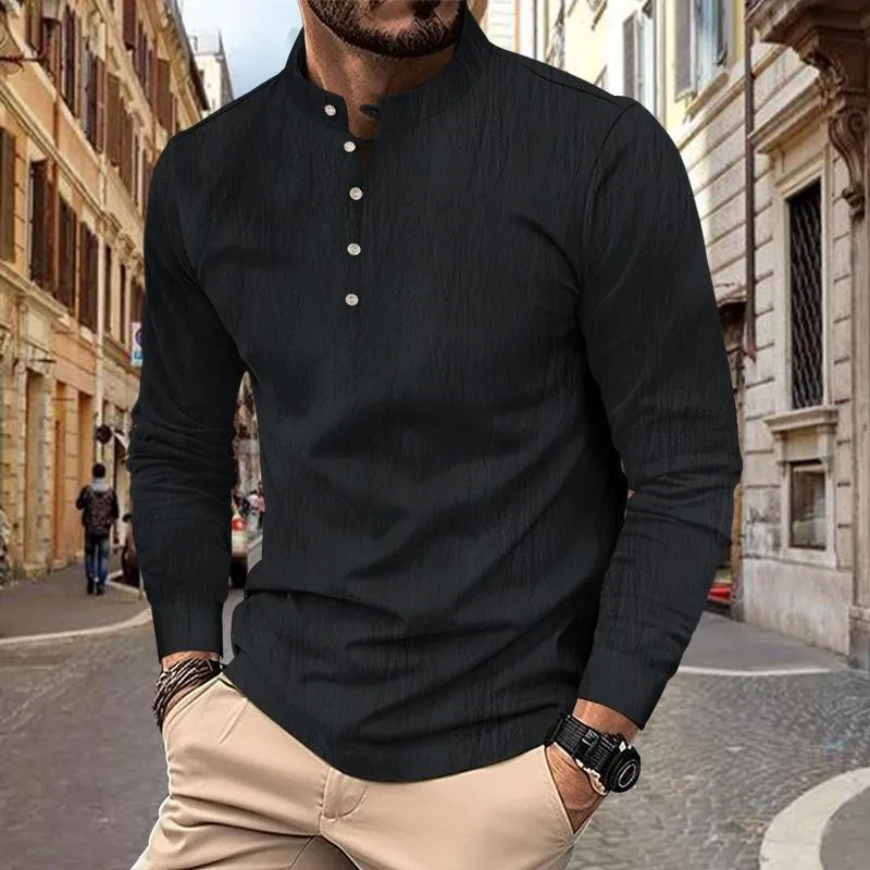 Men's Solid Cotton And Linen Henley Collar Long Sleeve Casual Shirt 47763988Z sold by Manly product image thumbnail 4