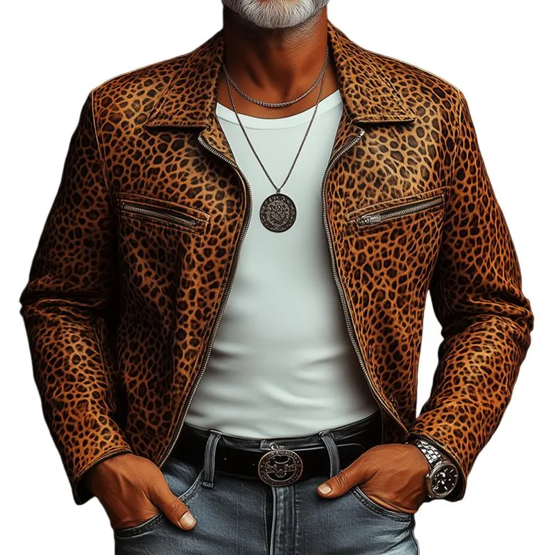 Men's Fashion Leopard Suede Lapel Zipper Chest Pocket Biker Jacket 78928940Z sold by Manly
