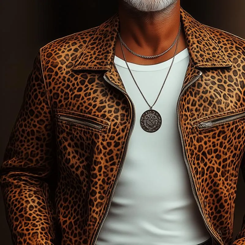 Men's Fashion Leopard Suede Lapel Zipper Chest Pocket Biker Jacket 78928940Z sold by Manly product image thumbnail 3
