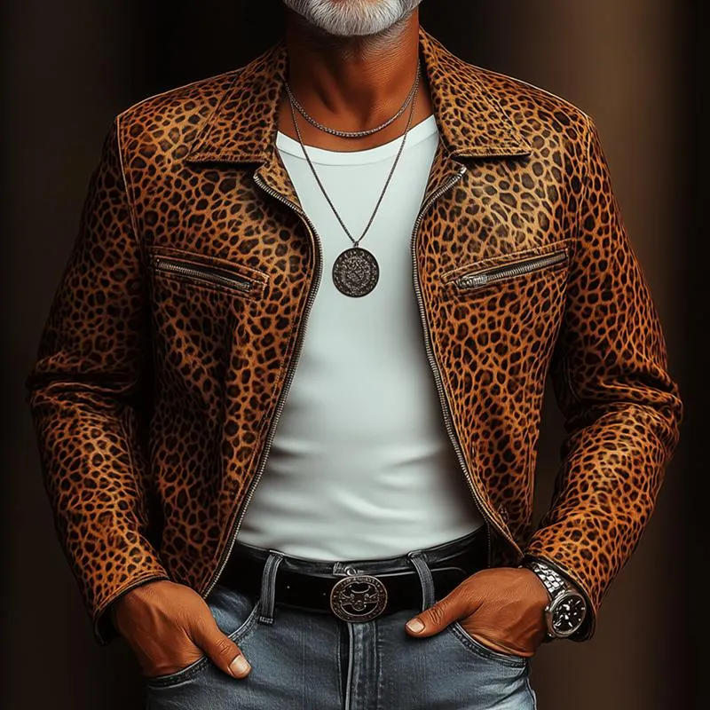 Men's Fashion Leopard Suede Lapel Zipper Chest Pocket Biker Jacket 78928940Z sold by Manly product image thumbnail 2