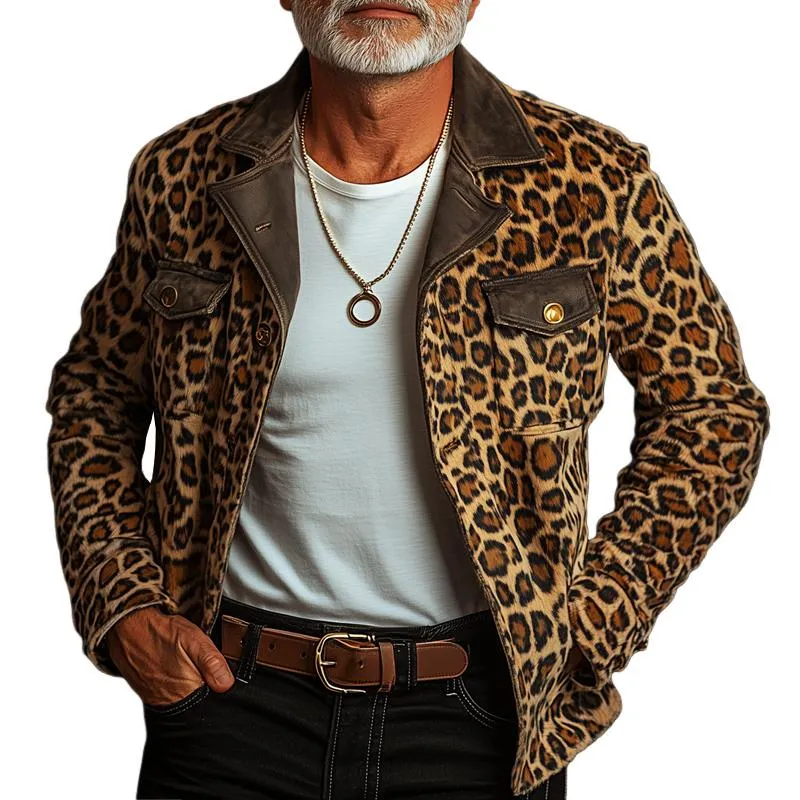 Men's Fashion Colorblock Leopard Suede Lapel Chest Pocket Single Breasted Casual Jacket 64631005Z sold by Manly
