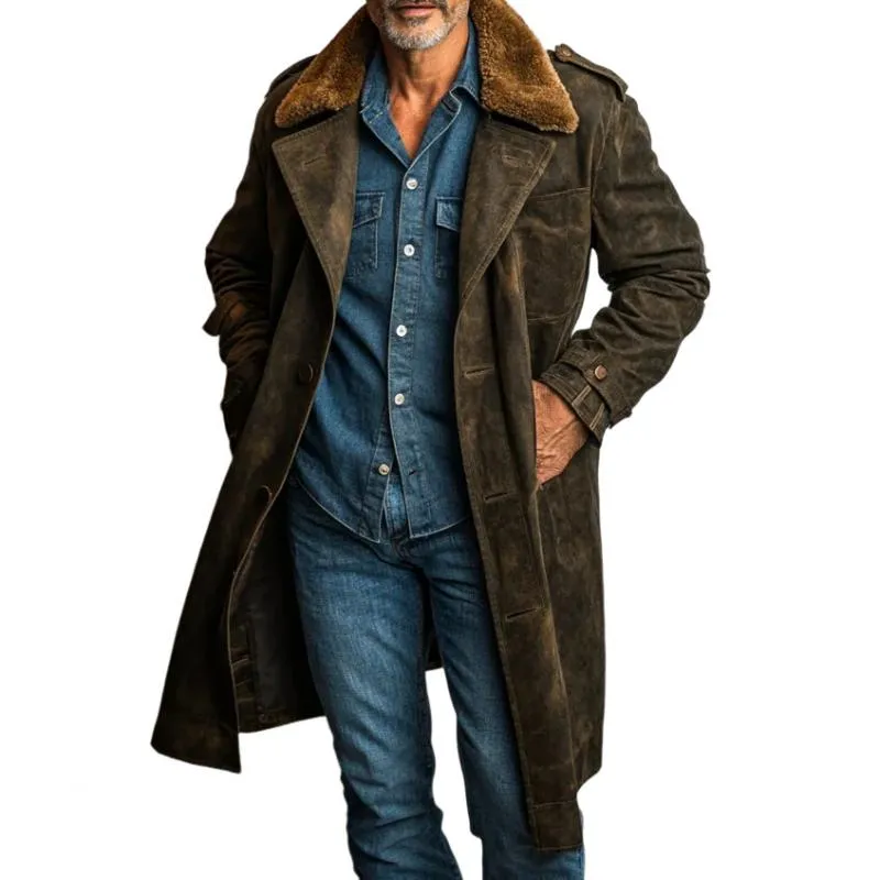 Men's Vintage Suede Fur Collar Mid-Length Coat 11027853Y sold by Manly