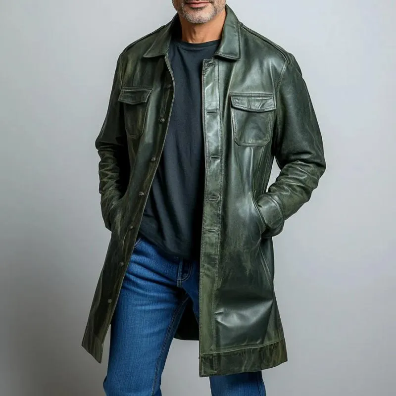 Men's Vintage Leather Double Pocket Single Breasted Mid-Length Coat 18719021Y sold by Manly product image thumbnail 3