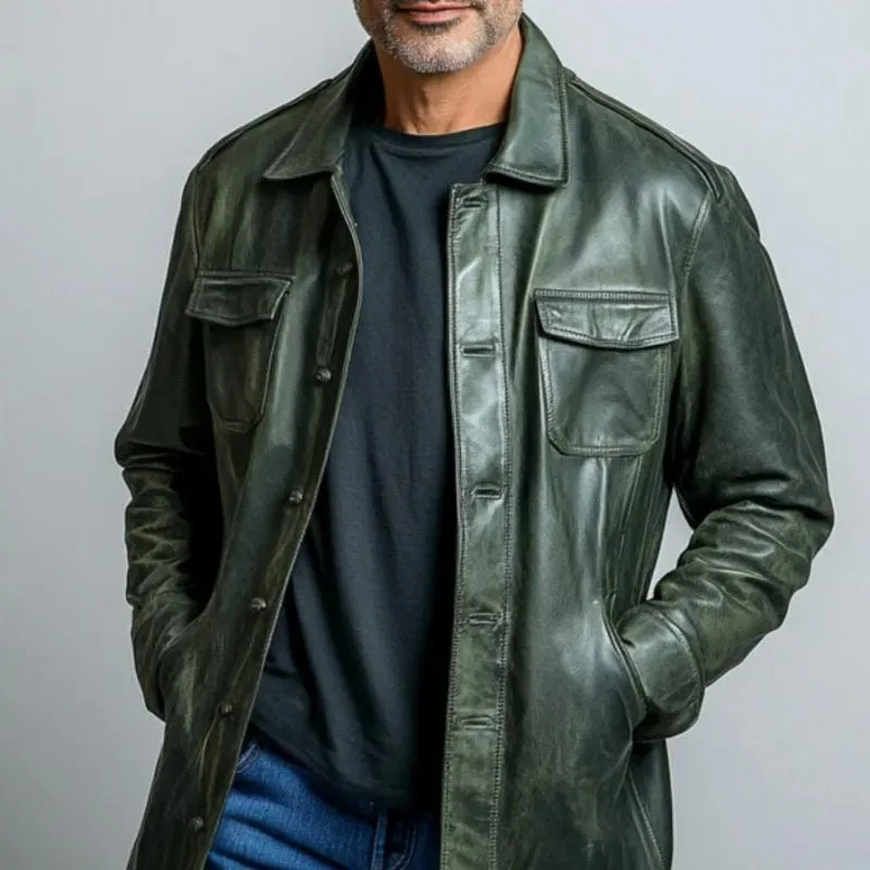 Men's Vintage Leather Double Pocket Single Breasted Mid-Length Coat 18719021Y sold by Manly product image thumbnail 2