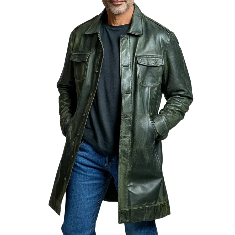 Men's Vintage Leather Double Pocket Single Breasted Mid-Length Coat 18719021Y sold by Manly product image thumbnail 5