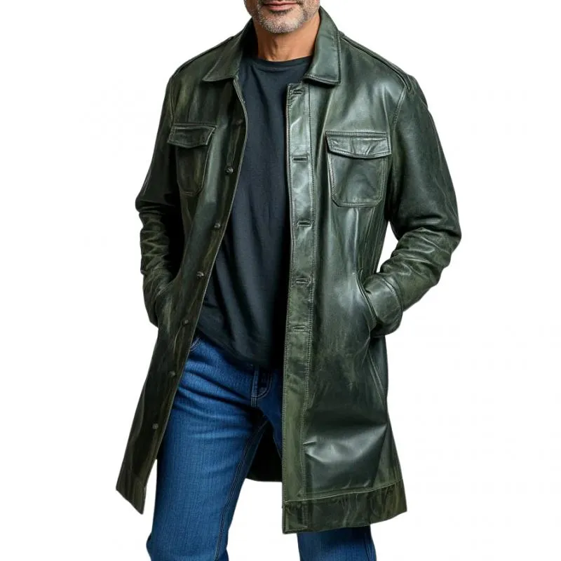 Men's Vintage Leather Double Pocket Single Breasted Mid-Length Coat 18719021Y sold by Manly