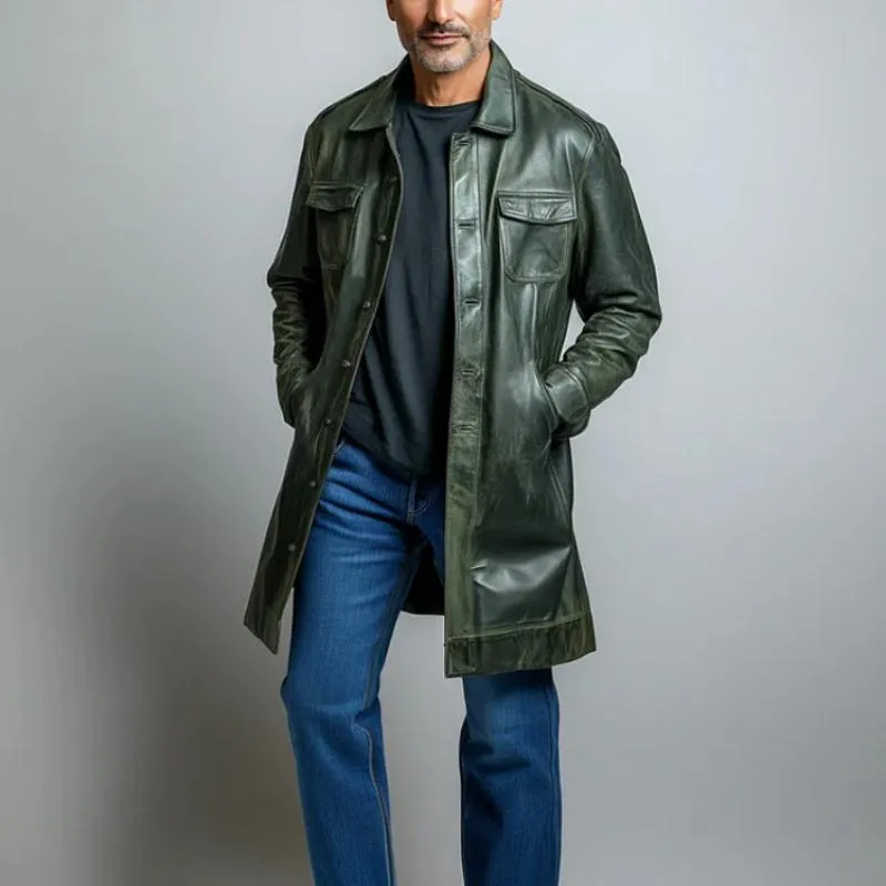 Men's Vintage Leather Double Pocket Single Breasted Mid-Length Coat 18719021Y sold by Manly product image thumbnail 4