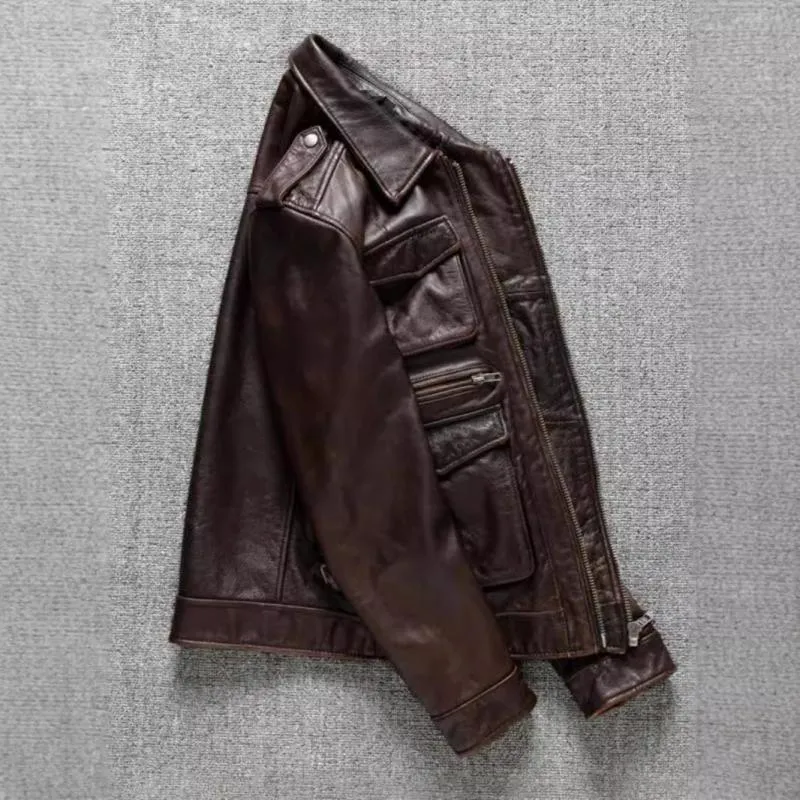 Men's Vintage Lapel Multi-Pocket Cargo Leather Jacket 86052886Y sold by Manly product image thumbnail 4