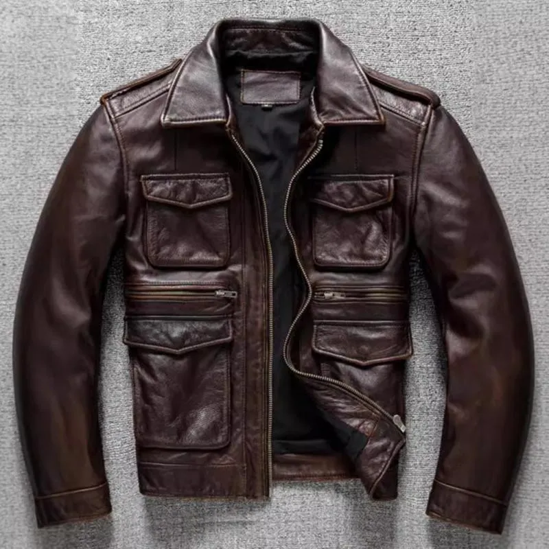 Men's Vintage Lapel Multi-Pocket Cargo Leather Jacket 86052886Y sold by Manly product image thumbnail 2