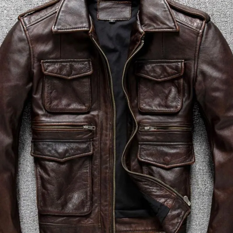 Men's Vintage Lapel Multi-Pocket Cargo Leather Jacket 86052886Y sold by Manly product image thumbnail 5