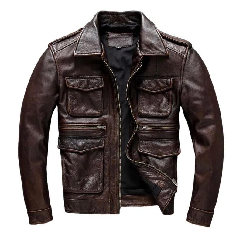 Men's Vintage Lapel Multi-Pocket Cargo Leather Jacket 86052886Y sold by Manly