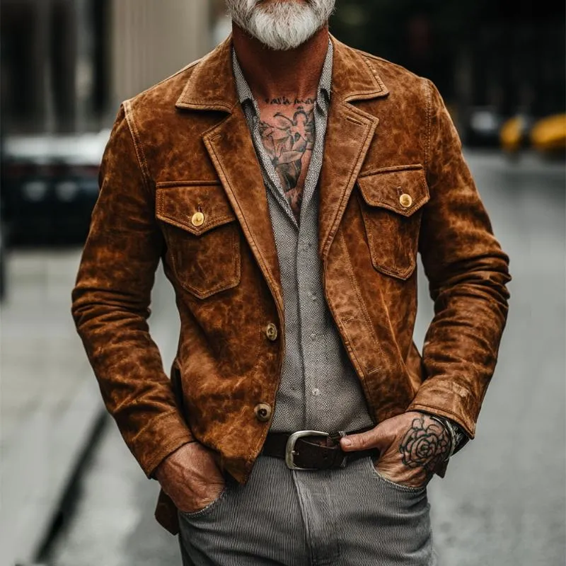 Men's Vintage Casual Suede Printed Pocket Jacket 98224745TO sold by Manly product image thumbnail 2