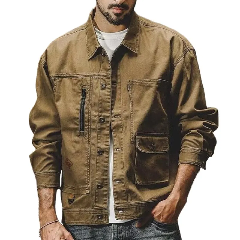 Men's Vintage Washed Lapel Single Breasted Multi-Pocket Work