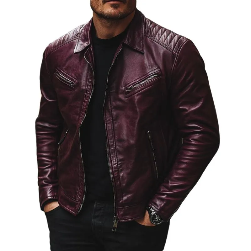 Men's Vintage Lapel Zippered Multi-Pocket Leather Motorcycle Jacket 39796183M sold by Manly